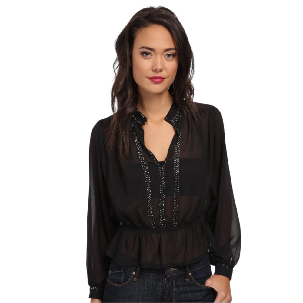 Free People Black Chiffon Ruffle Blouse